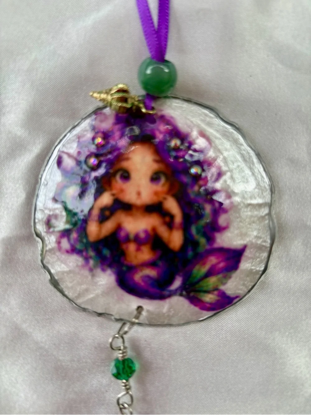 Purple & Green Decoupage Mermaid Sand Dollar Crystal Sun Catcher